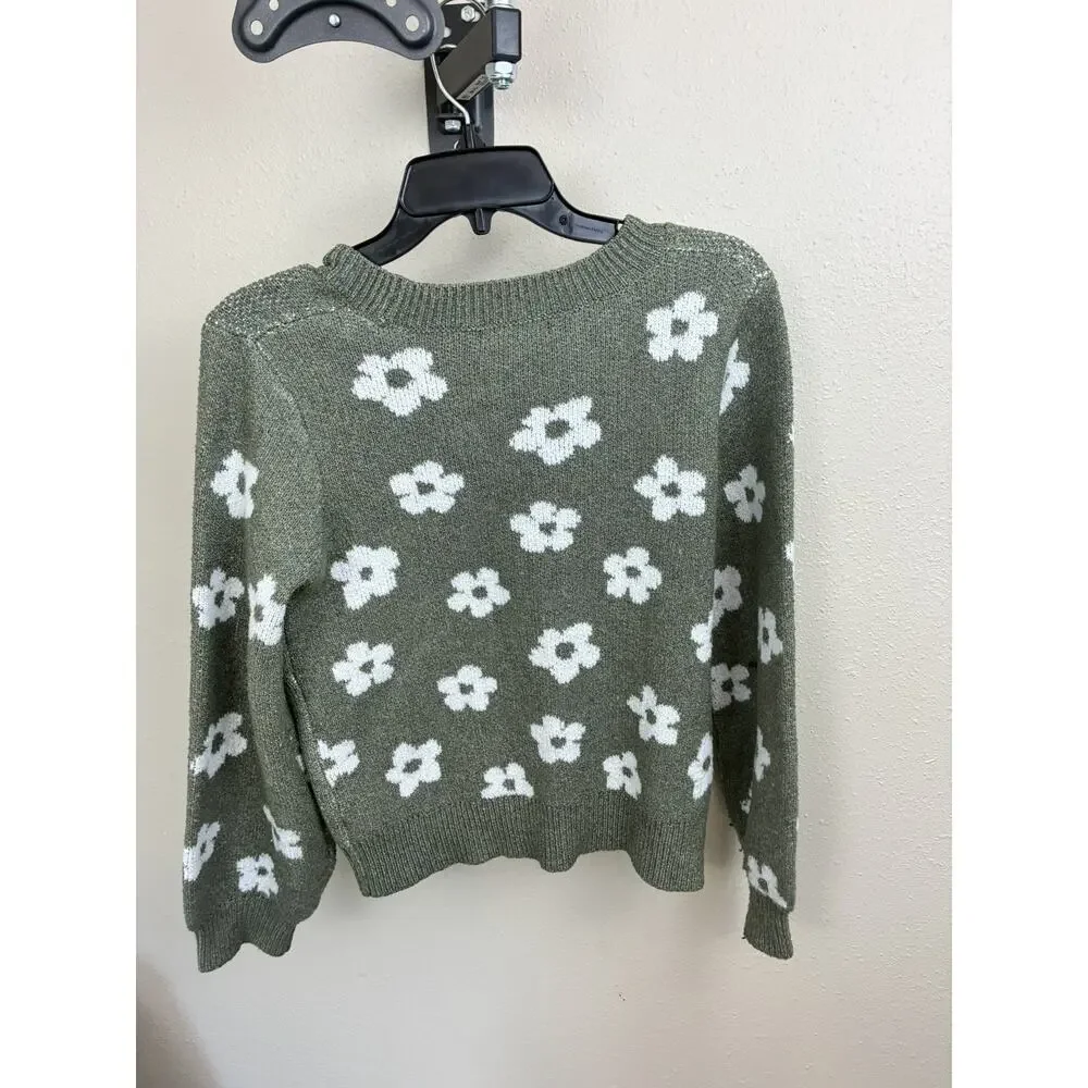Love Ellie Sweater Women L Green Floral Crew Neck Cozy Cottagecore Soft Knit